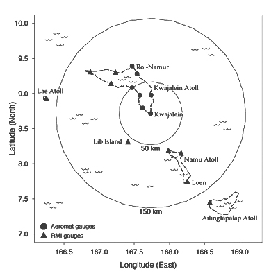 Map of the Kwajalein area centered on the KR. (From Schumacher and Houze 2000, Figure 1.)